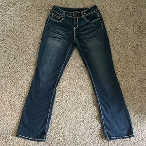 Y2K Mid Rise Dark Wash Flare Jeans With White Stitching